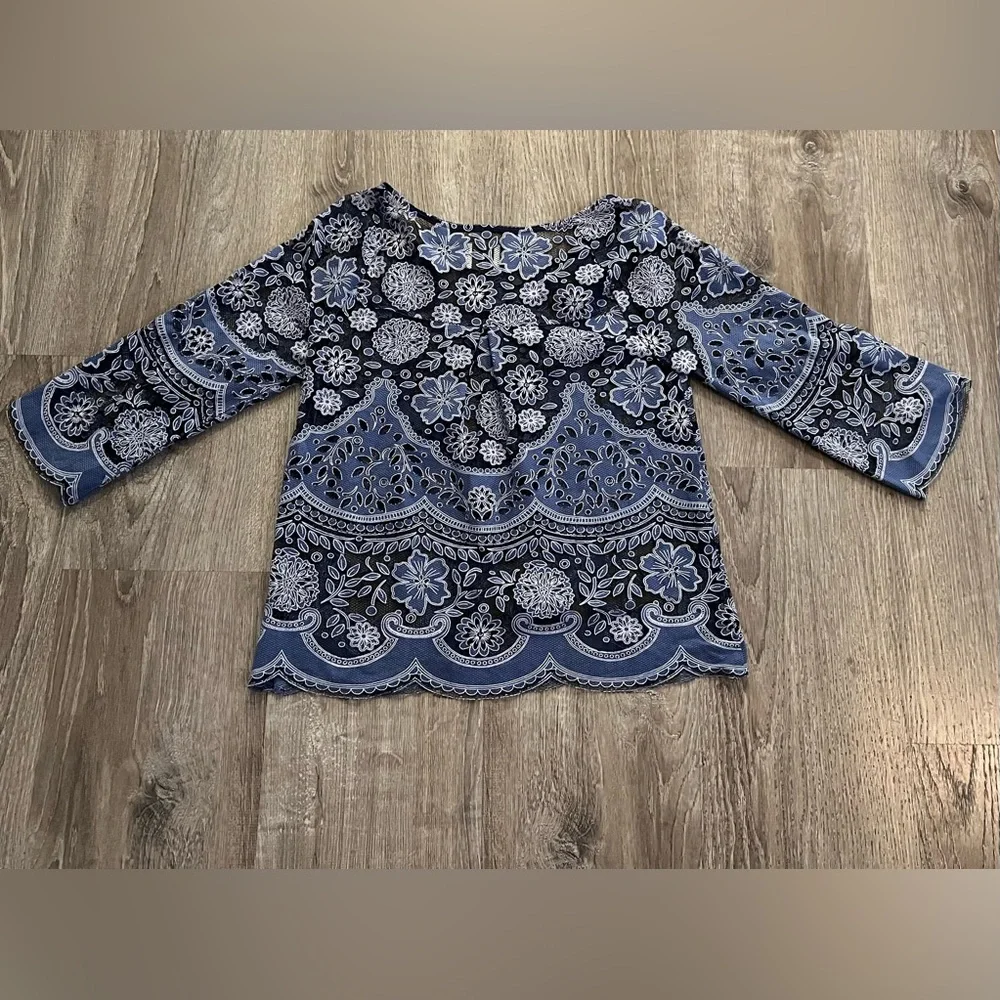 Anthropologie HD In Paris Montmartre Blue Lace Overlay Blouse Top